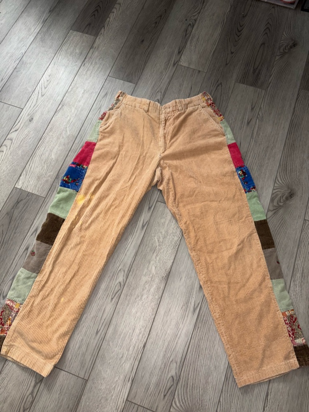 Tan Corduroy Pants with Colorful Patch Panels - Picture 2 of 4